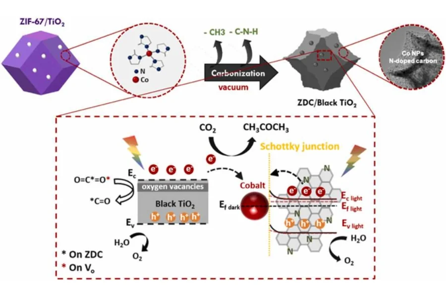 Photocatalytic CO2 reduction for C2-C3 oxy-compounds on ZIF-67 derived carbon with TiO2